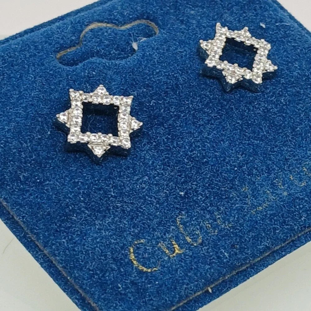 Vintage 1990s Cubic Zirconia Geometric Star Stud Earrings Silver Tone New‎